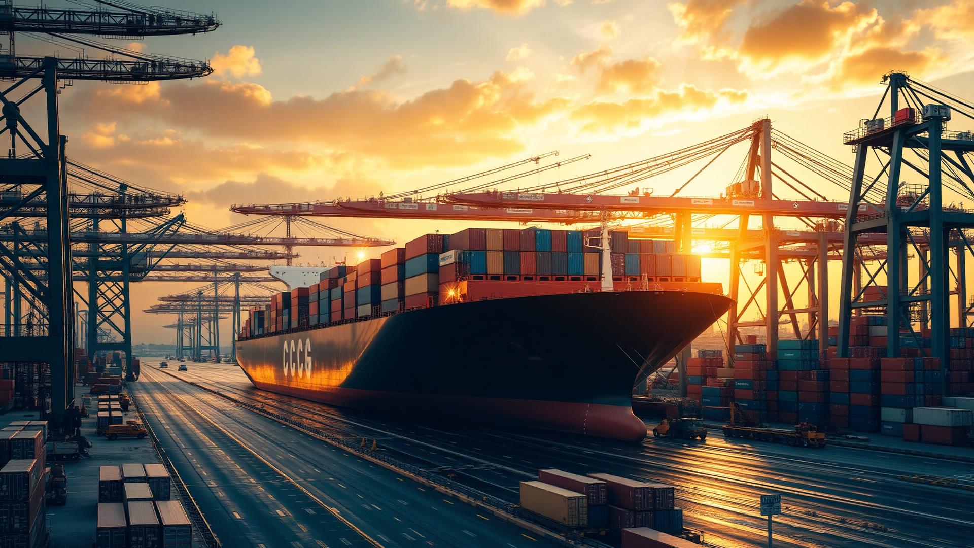 Container ship at port at sunset